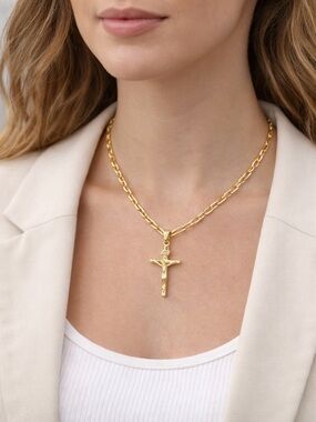 Gold Crucifix Pendant Paperclip Necklace - Elegant Women's Jewelry